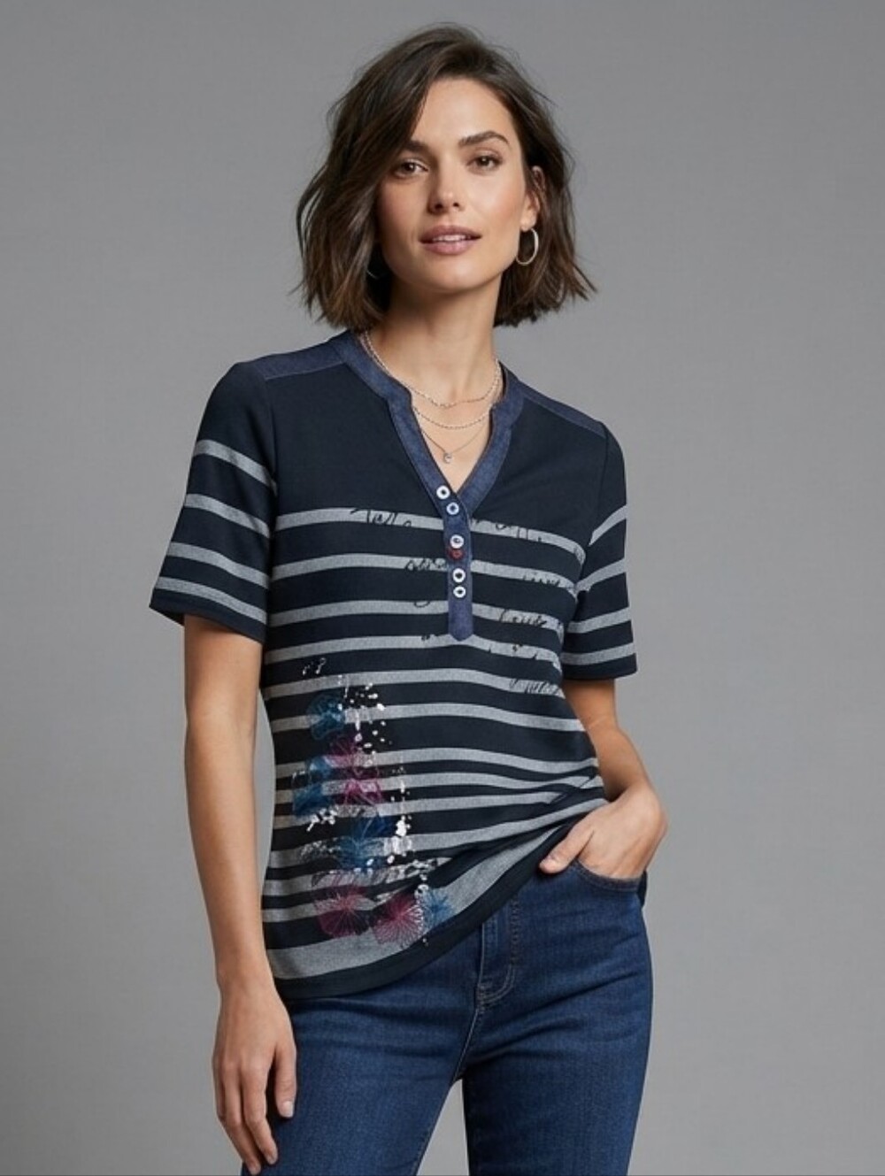 Le Grenier Striped Floral Button-Front Collar Short Sleeves Top – Size M